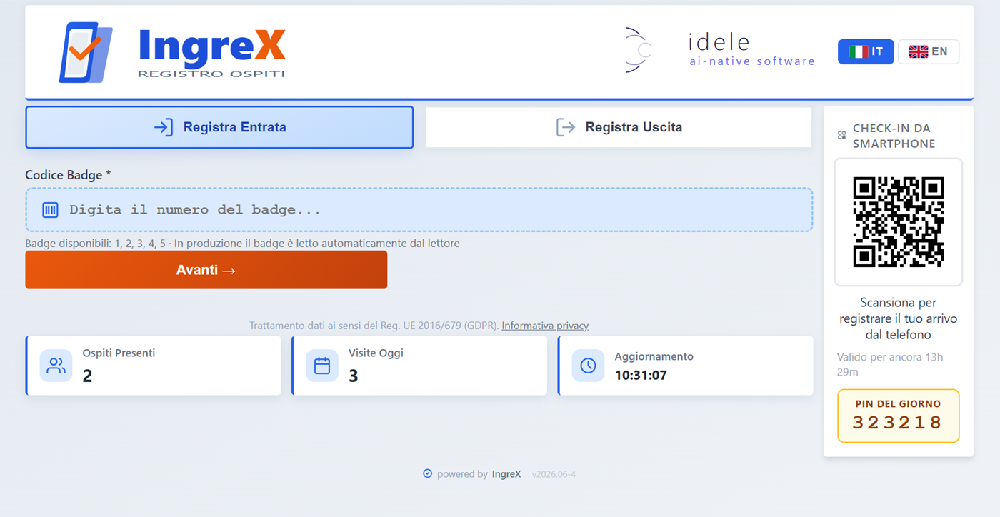 Schermata reception IngreX con registrazione entrata e uscita, QR check-in e riepilogo presenze